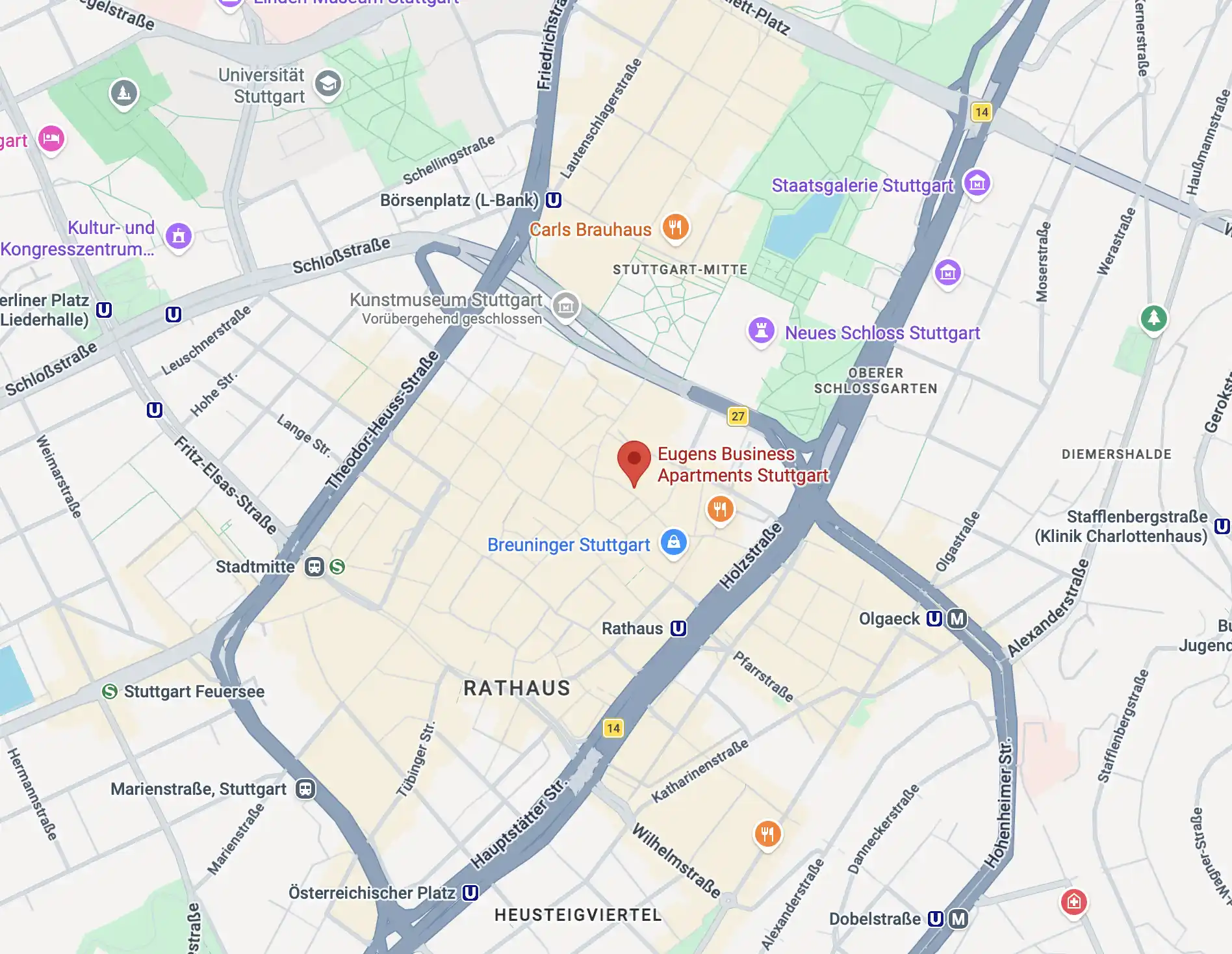 Google Maps Auszug vom Standort Eugens Business Apartments Stuttgart